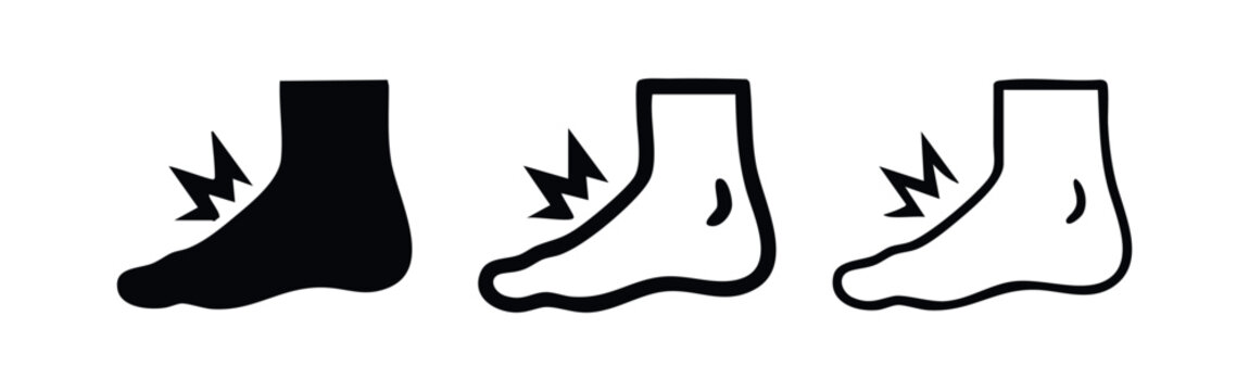 Foot pain icon, symbol of plantar fasciitis, arch discomfort, or sole injury, set of three styles.