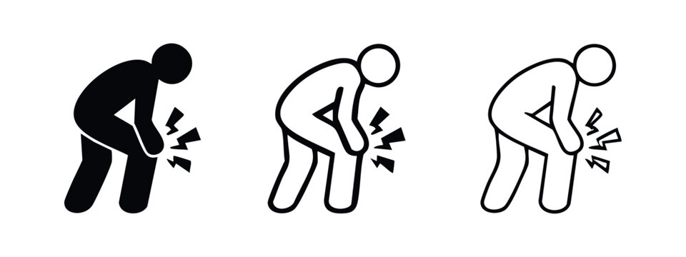 Human figure with knee pain icon, joint discomfort, or leg injury symbol, set of three in black and outline styles.