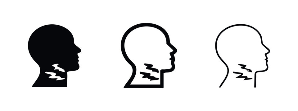 Sore throat icon, human head profile with internal throat pain symbol, set of three in black and outline styles.
