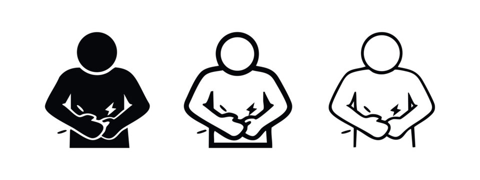 Person holding stomach with abdominal pain icon, symbol of indigestion or stomachache, set of three styles.