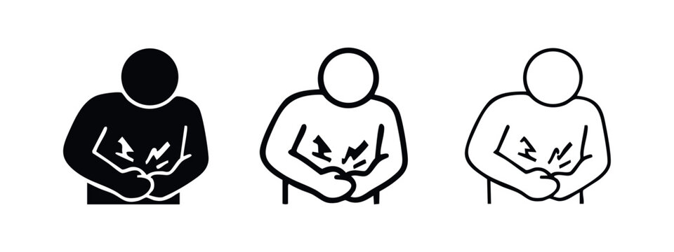 Person holding chest with pain icon, symbol of heartburn, angina, or respiratory discomfort, set of three styles.