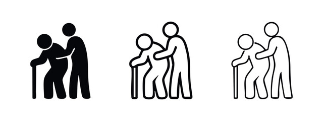 Assisting elderly person with mobility icon set. Vector illustration of support for seniors using a cane. © liubomir118809
