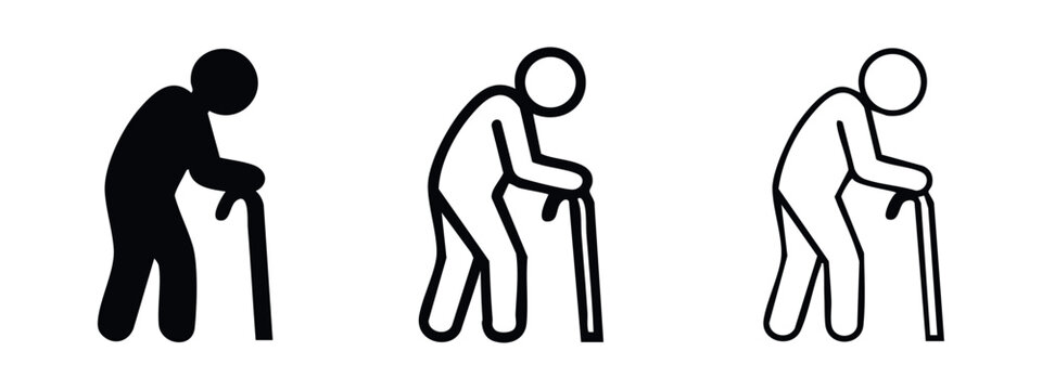 Elderly person walking with a cane icon set. Vector illustration depicting mobility challenges in old age.