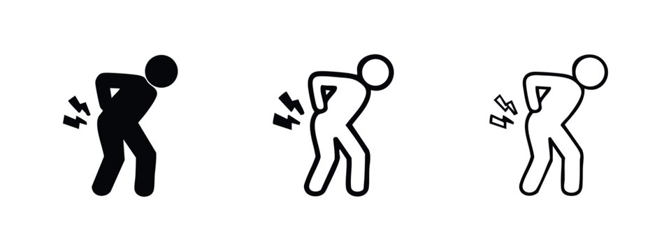 Lower back pain person icon set. Vector illustration of a figure experiencing discomfort and injury.