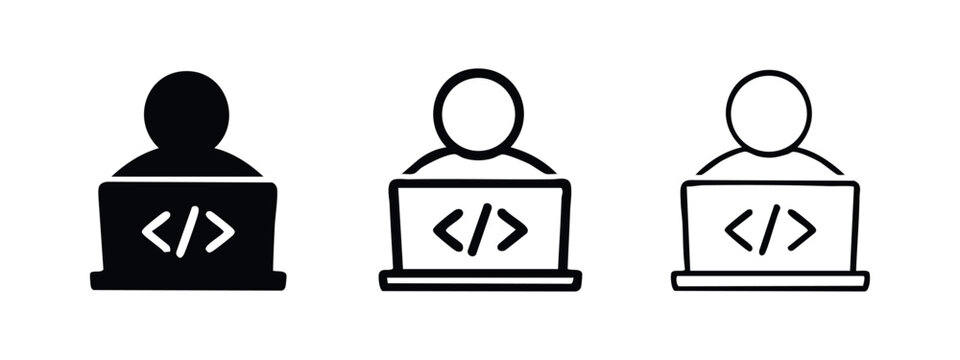 Developer Working on Laptop with Code Icon Set - Programming and IT