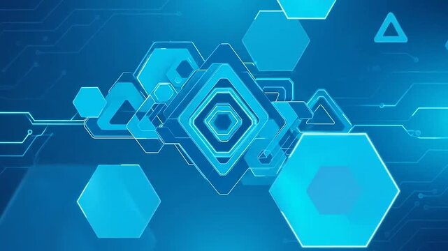 Abstract geometric shapes with a futuristic design on a vibrant blue background, modern art
