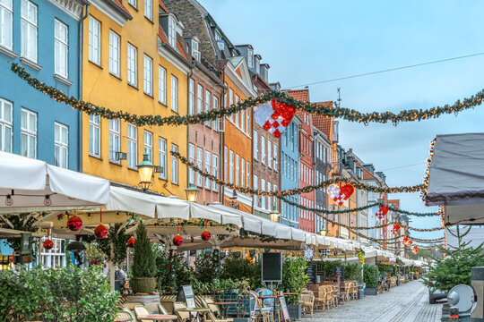 Nyhavn Waterfront With Christmas Decorations In Copenhagen, Denmark