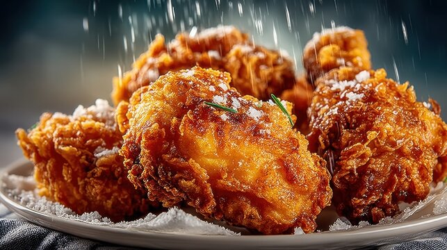 Crispy Fried Chicken Pieces on a Plate with Sprinkles of Salt and Fresh Herbs Capturing Mouth-Watering Deliciousness and Appetizing Presentation for Food Lovers