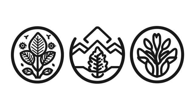 A collection of three minimalist black and white line art illustrations depicting natural elements within circles