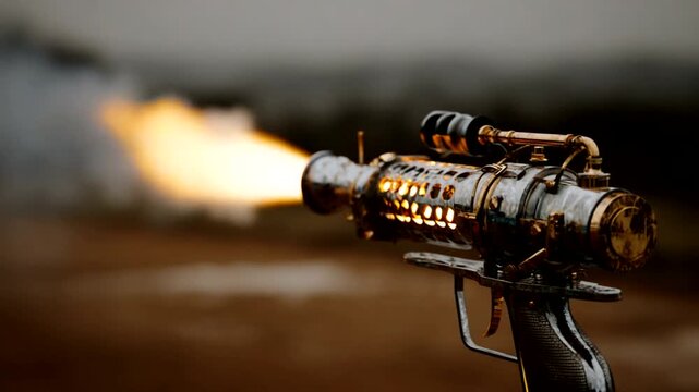 Vintage flamethrower ignites in dramatic outdoor scene