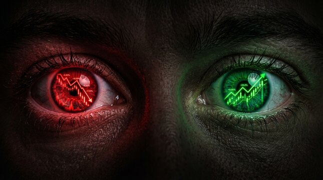 A close-up of a person's eyes with red and green graphs in the pupils