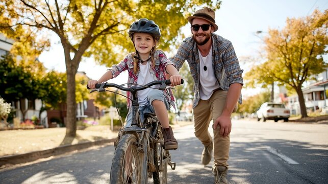 Father supporting daughter during first bicycle ride on sunny day