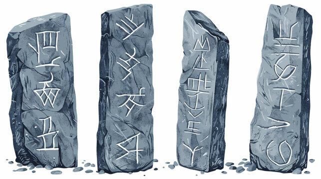 Four weathered stone monoliths stand, etched with glyphs; a digital painting in a muted palette