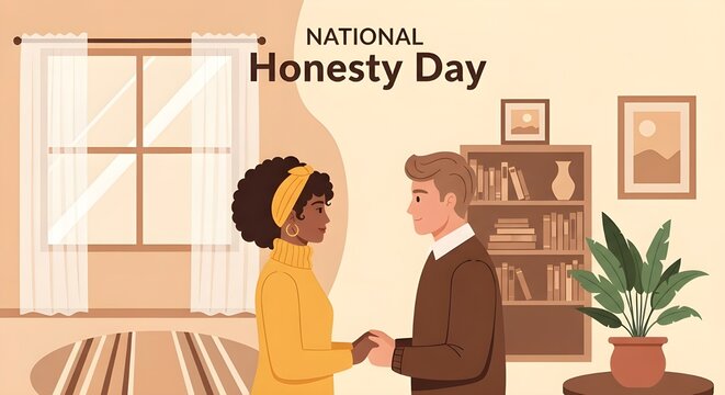 Couple having honest conversation on national honesty day in cozy living room with warm lighting
