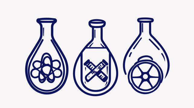 A scientific illustration depicts three flasks, each containing different visual elements