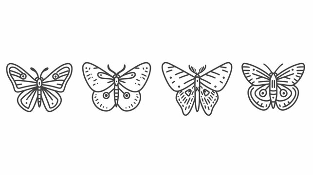 Four stylized butterflies, outlined, with varying wing patterns, evenly spaced on white