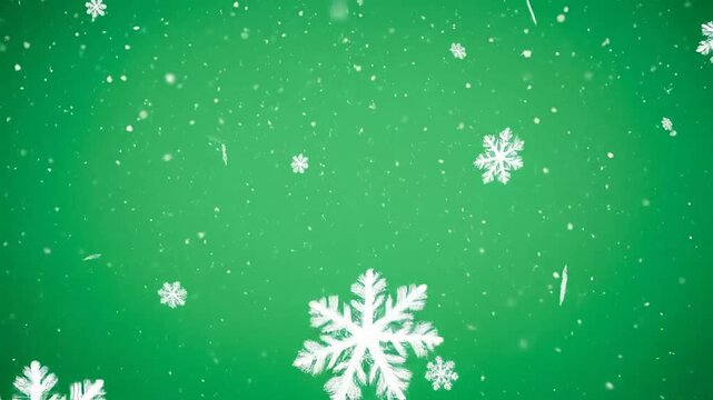 Falling snowflakes on a vibrant green background, perfect for winter holiday season celebrations