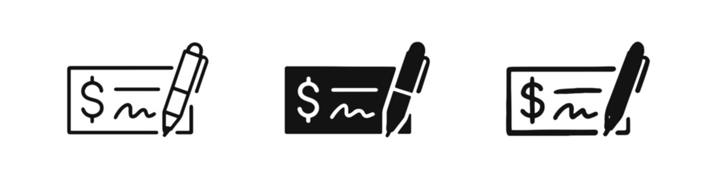 Bank Check and Pen Icon Set - Payment, Finance, Signature Symbol