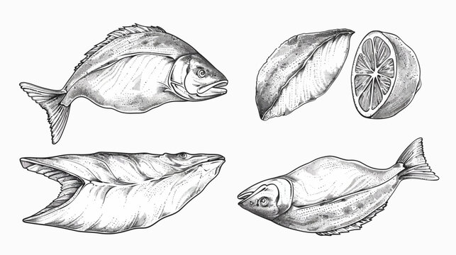 Fish and lemon illustration in black and white with etching detail