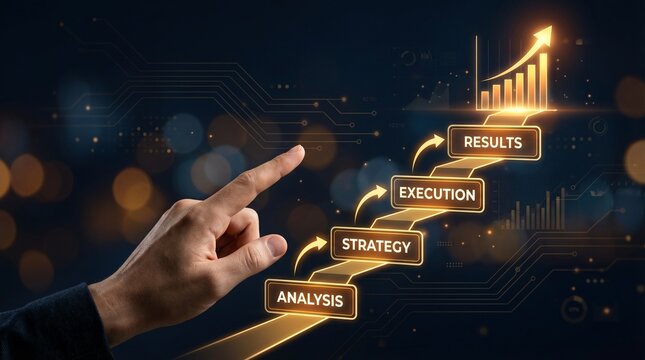A hand pointing to a glowing bar graph with strategy and results labels in a dark background
