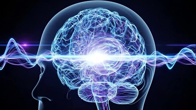 Digital illustration of a human brain with glowing neural connections.