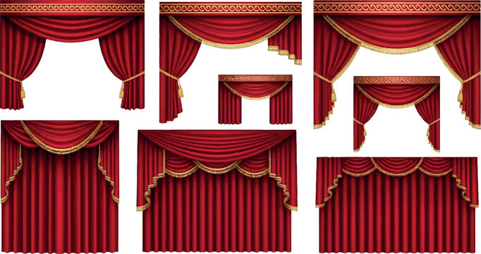 Ornate red and gold stage curtains set with intricate patterned valances and golden trim for classic theater performances performance decoration background isolated premiere festival embroidery