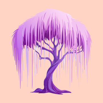 Whimsical purple willow tree with cascading branches and soft pastel colors for magical garden and fantasy fairytale world building assets