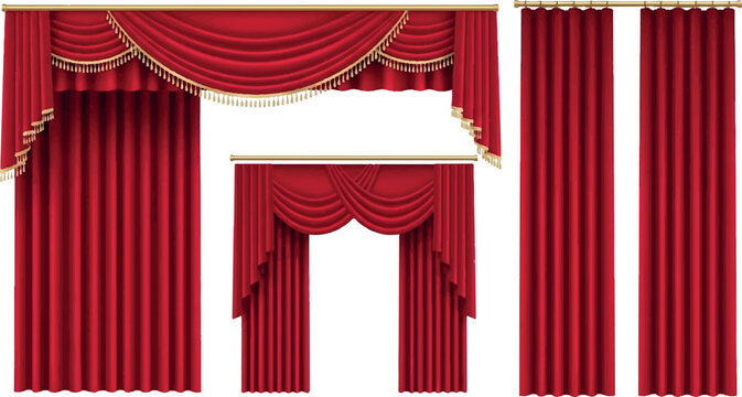 Red velvet curtains and stage drapery with decorative gold trim valances and straight side panels for theater and formal interior settings curtains interior decoration collection isolated