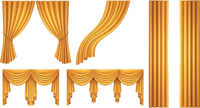 Set of golden silk curtains and decorative window drapes with elegant swags and valances for luxury home interior and event stage design curtains interior decoration collection isolated backdrop