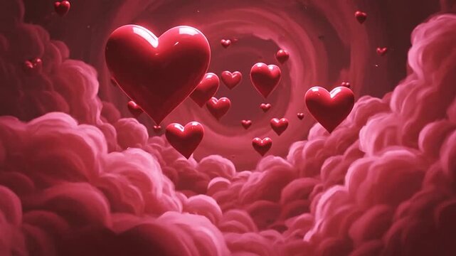 A beautiful abstract illustration of many red hearts floating in a dreamy, cloudy space