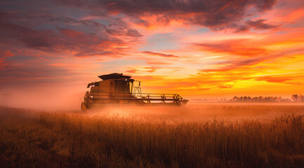 Fototapeta premium Combine harvester working in wheat field at dramatic sunset