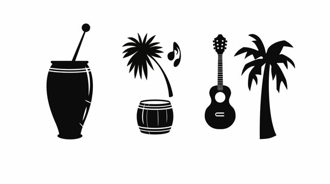 Black vector illustration of conga, barrel with palm, guitar, & palm on white