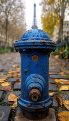 Fototapeta premium A weathered blue fire hydrant stands on a cobblestone street, with a blurred Eiffel Tower in the background, showcasing autumn leaves