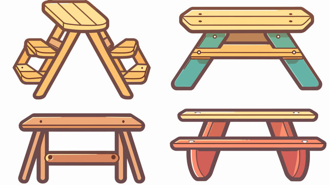 Four picnic table drawings, in different styles and color schemes. Isolated