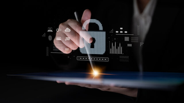 Cybersecurity protection system showing password encryption, fingerprint ID, cloud security, email, credit card, and database lock for secure data access Latch