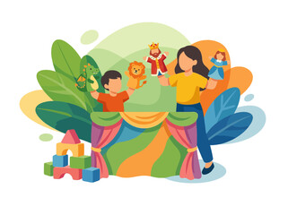 Fototapeta premium Children Performing Creative Hand Puppet Show Theater Activity