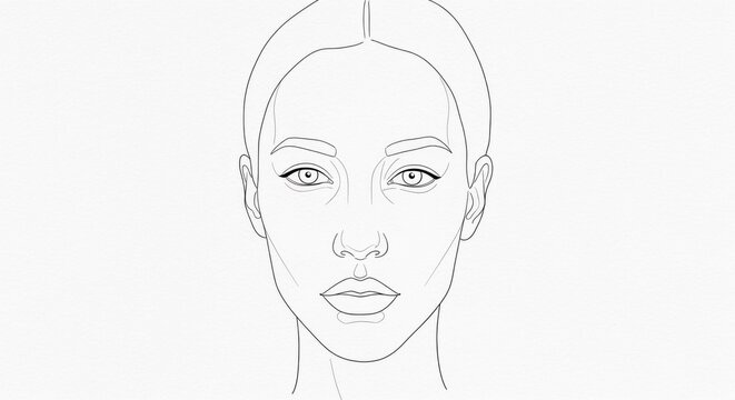 A minimalist line drawing of a woman's face with a neutral expression, set against a plain white background.
