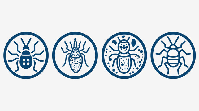 Four blue icon bugs displayed in circles on a white background, outline and dotted details