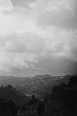 Fototapeta premium Black and white dramatic panorama of Lake Batur volcano and valley