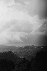 Fototapeta premium Black and white panoramic view of misty Bali valley