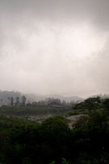 Fototapeta premium Panoramic view of foggy Balinese valley with traditional village