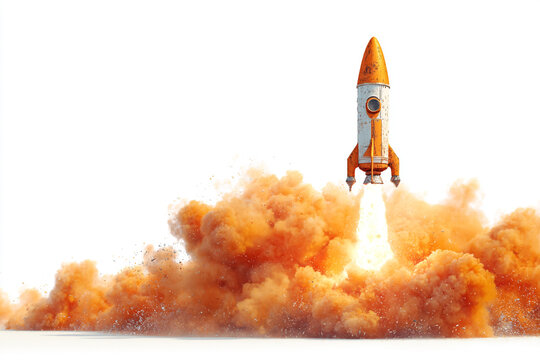 Retro rocket blasting off with fiery exhaust and orange smoke