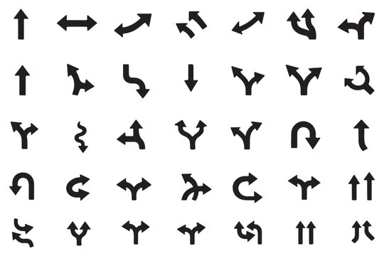 Navigation line icon set. Vector pictograms of directional arrows, traffic light, vehicles, road, intersection, bridge, parking, and warning signs, thin linear illustration.