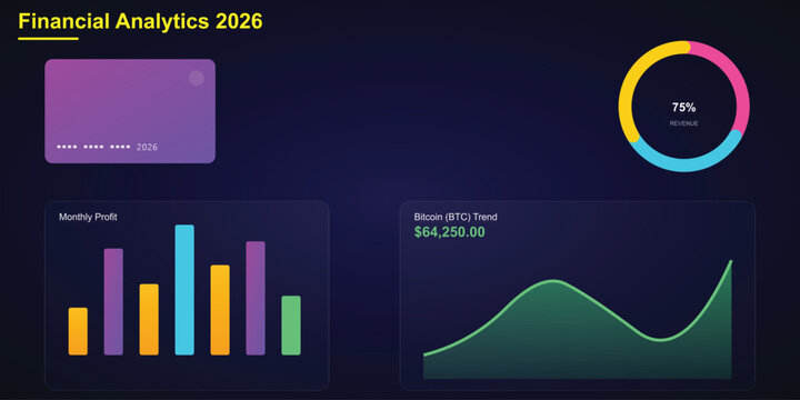 Modern Finance Dashboard UI Design with Vibrant Neon Gradients, Business Analytics Infographic Elements, Glass Morphism Crypto Interface