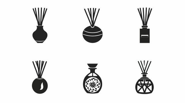 Vector art shows six diffusers with various bottle designs in silhouette against white backdrop