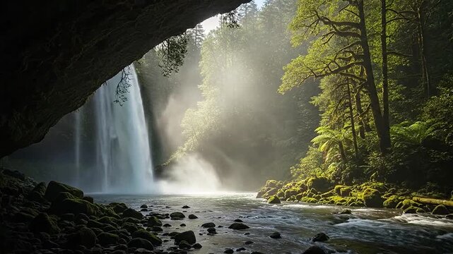 A beautiful waterfall cascades into a river, surrounded by lush green trees and rocks