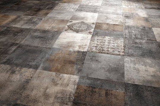 Rustic patchwork floor tiles with vintage patterns and textured surfaces