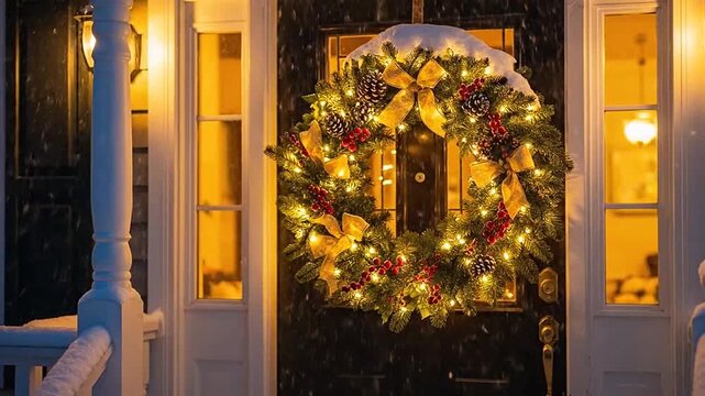 A festive wreath with lights and decorations hangs on a front door during a snowfall