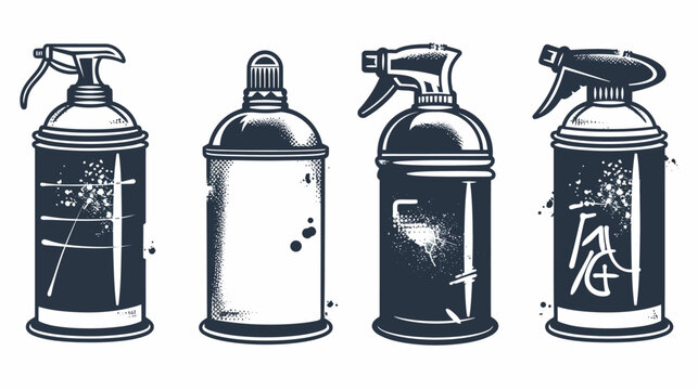 Four ink sketch style spray cans with unique nozzle types, distressed paint patterns