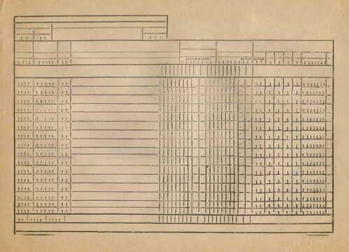 Vintage accounting ledger or data table chart on aged beige paper with detailed columns and rows for financial records and statistical documentation